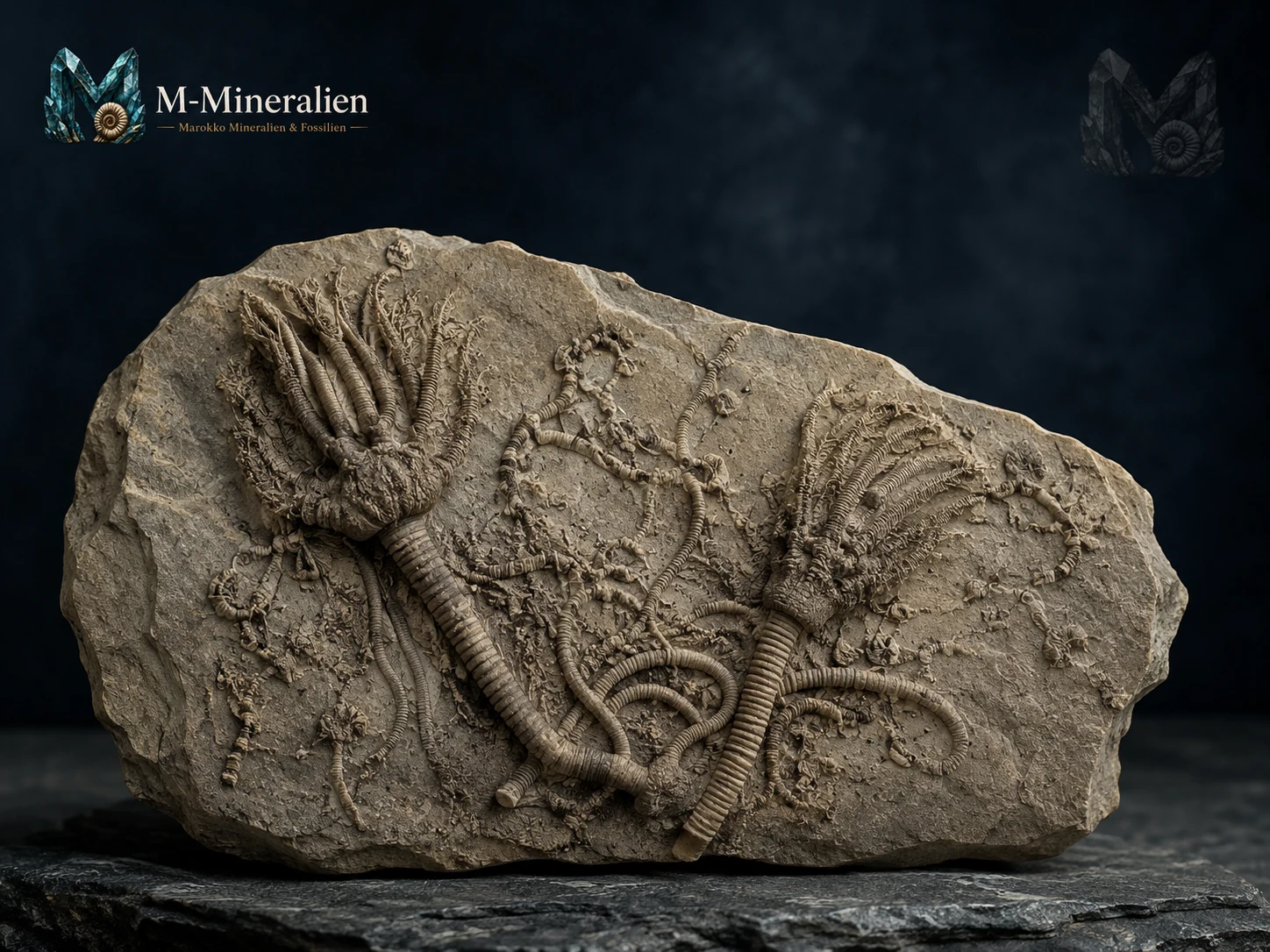 Fossilien kaufen – Crinoiden-Platte mit mehreren Kronen, Marokko