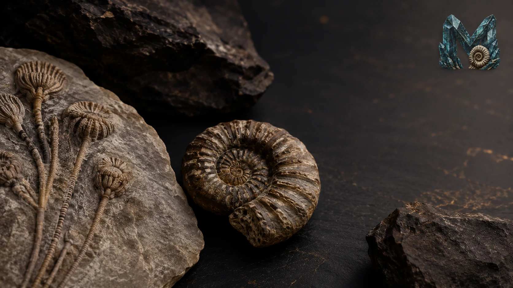 Fossilien kaufen – Crinoiden-Platte und Ammonit aus Marokko auf dunklem Stein