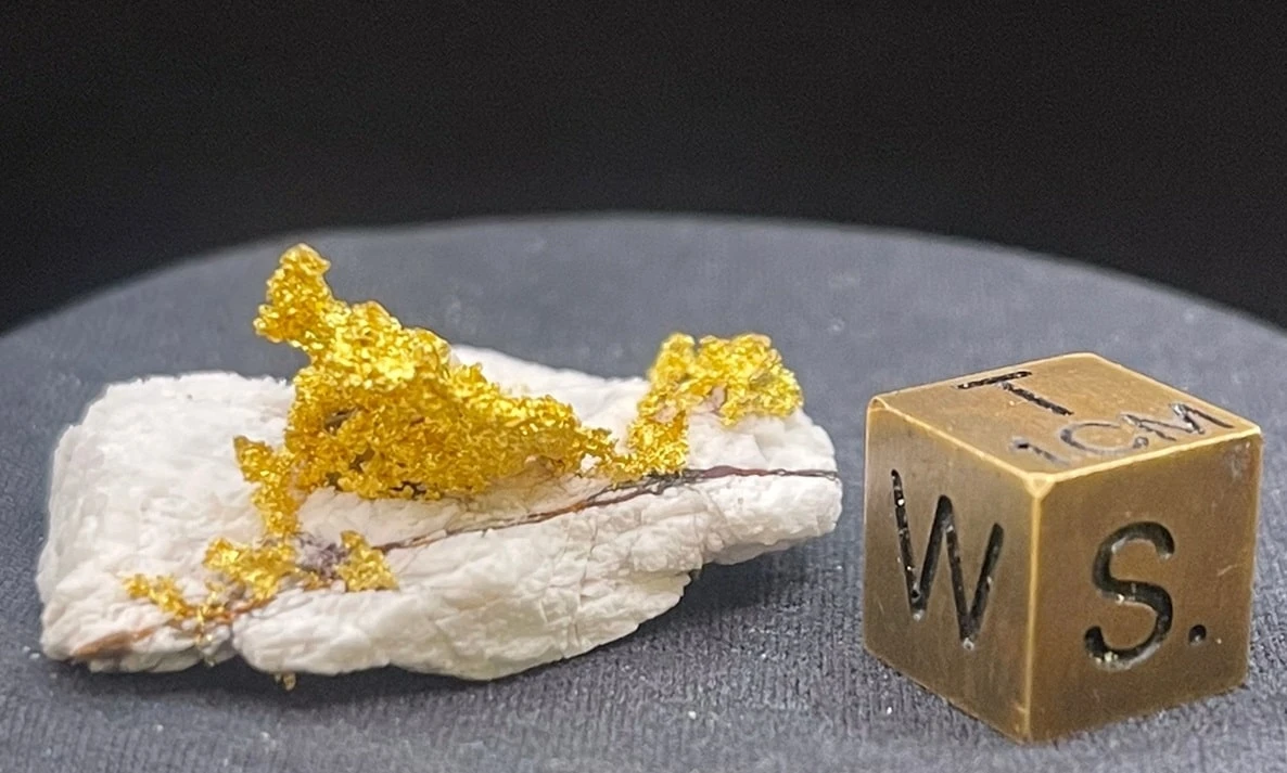 Gold auf Quarz kaufen – Goldkristallisation auf weißem Quarz mit Maßstabwürfel