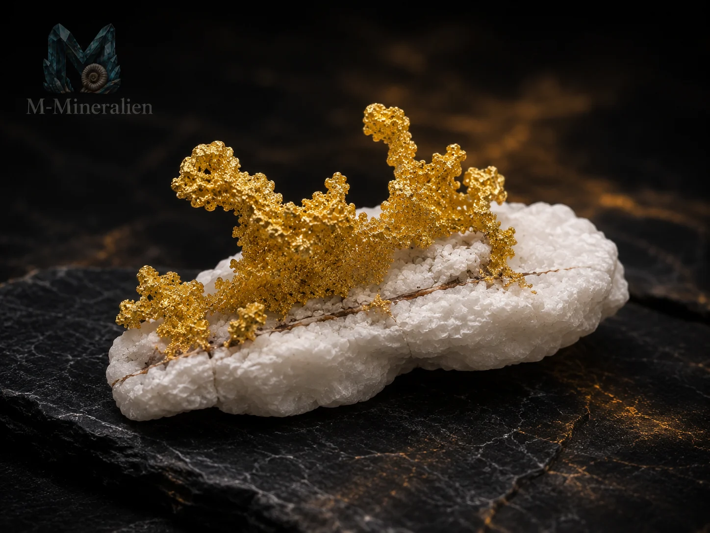 Gold auf Quarz kaufen – filigrane Naturgold-Kristallisation auf Quarz
