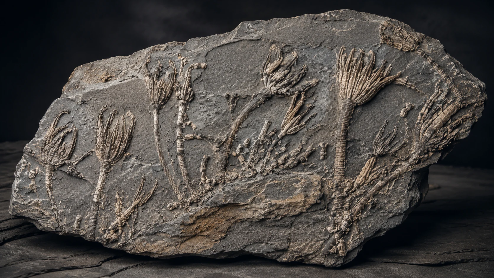 Ordovizische Crinoiden kaufen – Seelilien-Platte aus Marokko, M-Mineralien