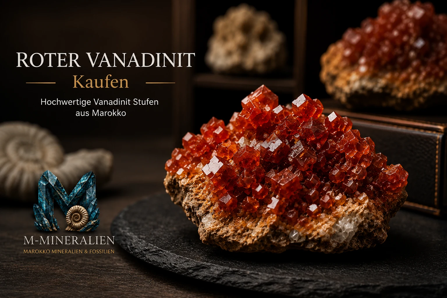 Vanadinit aus Marokko – rote Kristalle vor der Kulisse des Atlasgebirges