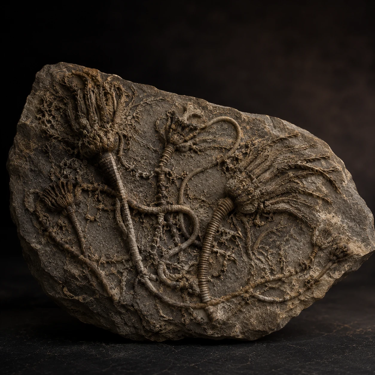 Crinoiden kaufen – Seelilien-Fossilplatte aus Erfoud, Marokko