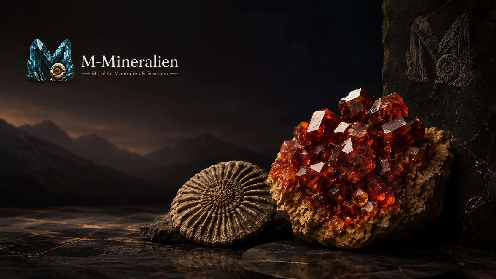 M-Mineralien – Mineralien und Fossilien aus Marokko im Showroom, Ammonit und Bergkristall