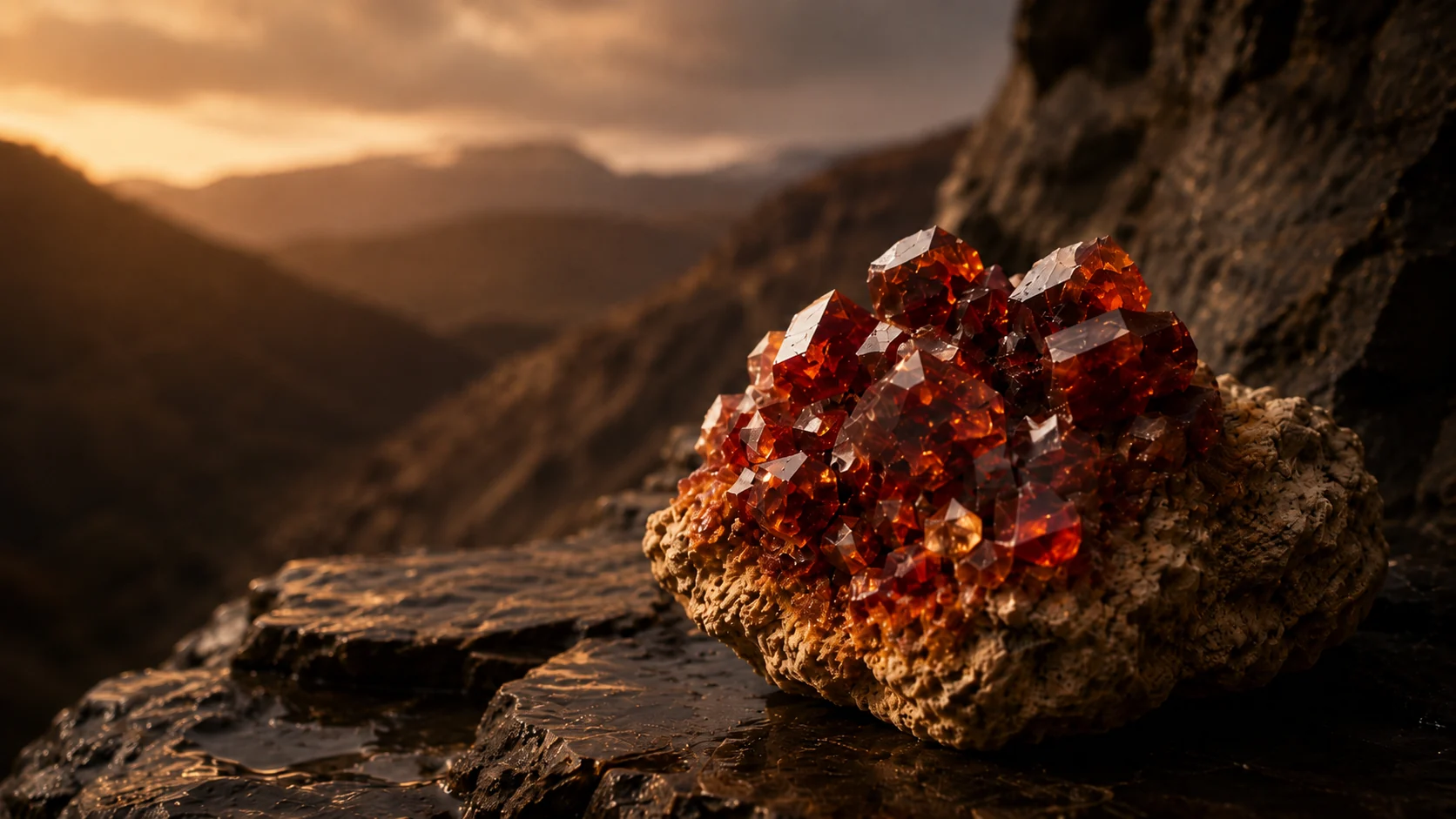 Vanadinit aus Marokko kaufen – Vanadinit-Stufe und Ammonit vor Atlasgebirge, M-Mineralien