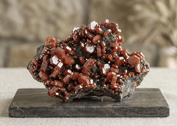 Mineraliensammlung – Vanadinit-Stufen auf Präsentationssockel